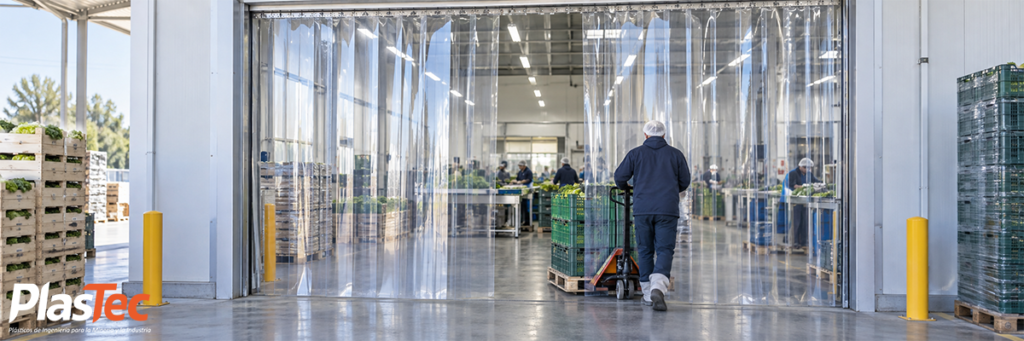 Cortinas de lamas PVC industriales instaladas en packing agroindustrial